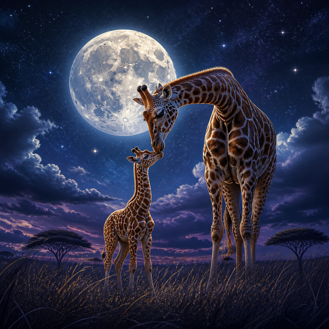 Diamond Painting Giraffe Duo bij Maanlicht – volledig origineel giraffeontwerp