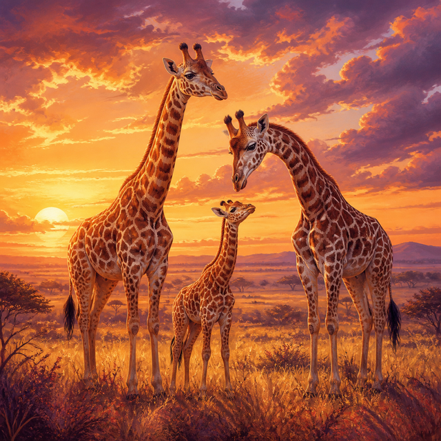 Diamond Painting Giraffe Familie bij Zonsondergang – volledig origineel giraffeontwerp