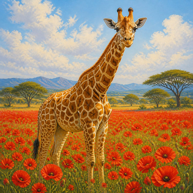 Diamond Painting Giraffe met Klaprozen – volledig origineel giraffeontwerp