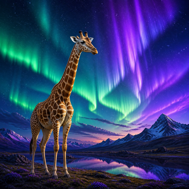 Diamond Painting Giraffe bij het Noorderlicht – volledig origineel giraffeontwerp