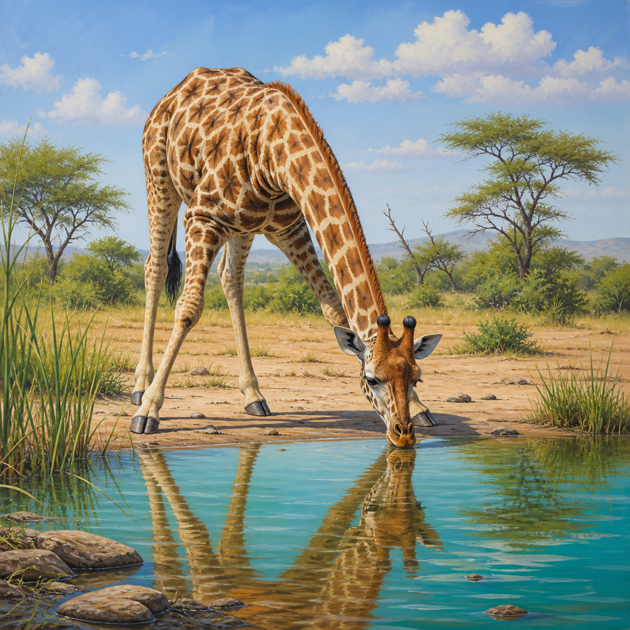 Diamond Painting Giraffe bij de Waterplaats – volledig origineel giraffeontwerp