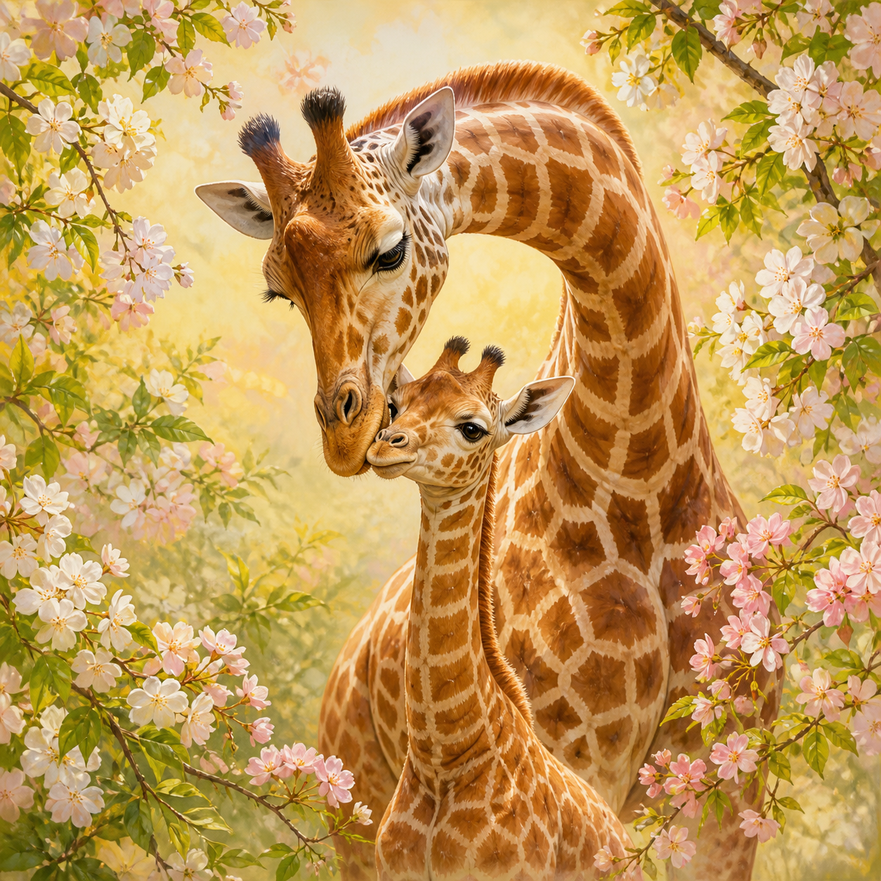 Diamond Painting Moeder Giraffe in de Bloesem – volledig origineel giraffeontwerp