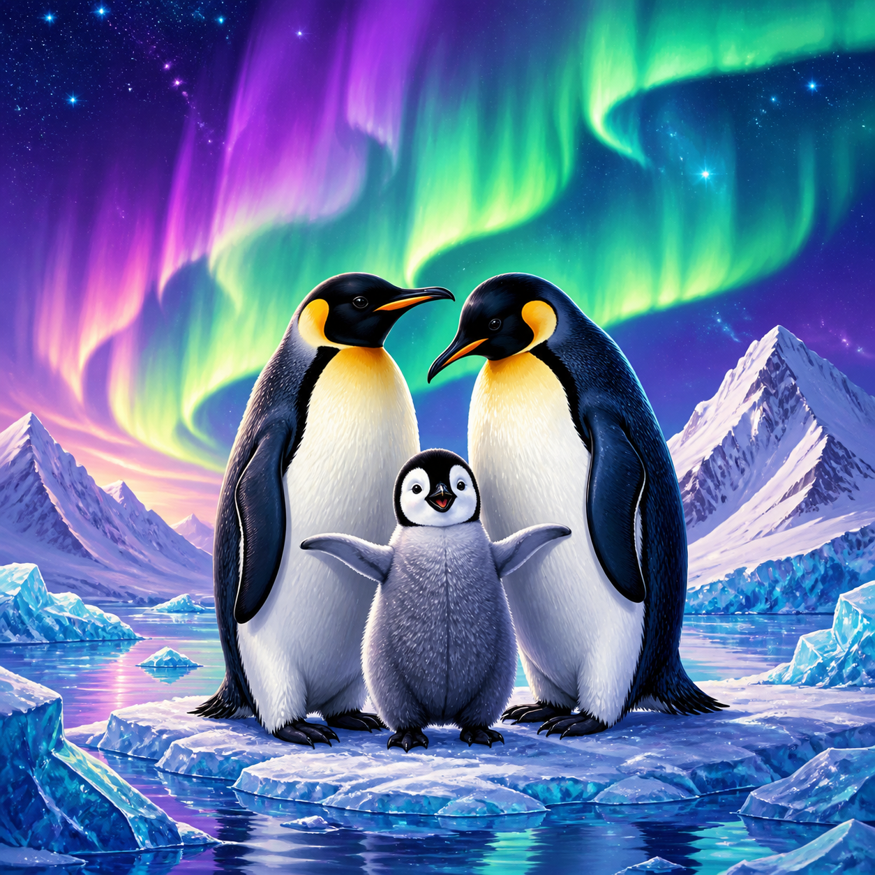 Diamond Painting Pinguïns onder het Noorderlicht – origineel kleurrijk ontwerp