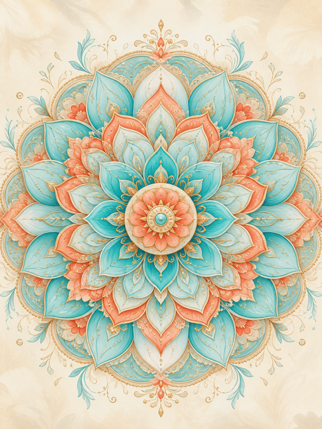 Diamond Painting Mandala Turquoise Koraalrozet – een gelaagde turquoise en koraalkleurige rozet op warm ivoor