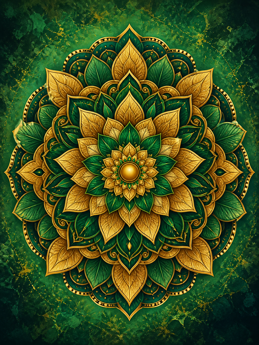 Diamond Painting Goud Smaragd Mandala – een goudkleurige rozet met smaragdgroene kleurvlakken