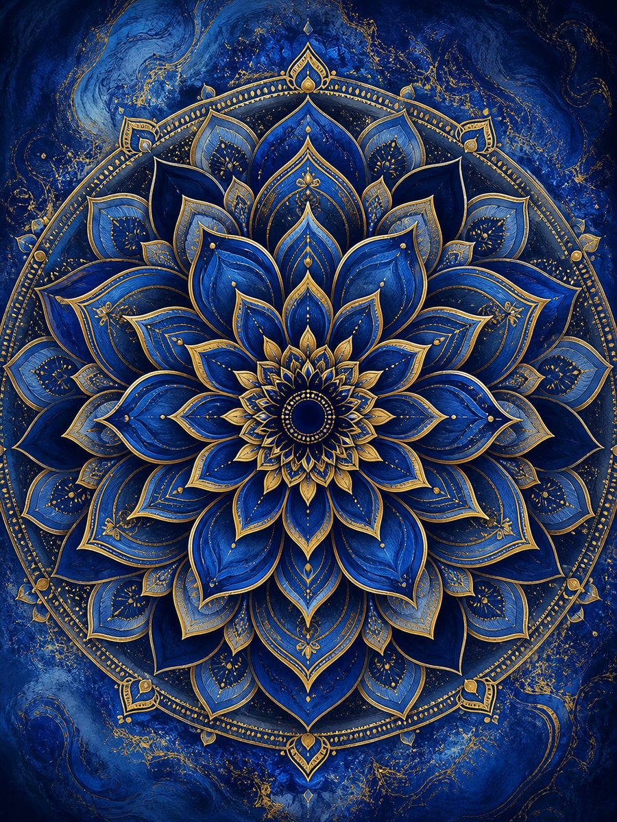 Diamond Painting Goud Saffier Mandala – een koningsblauwe mandala met verfijnde gouden lijnen