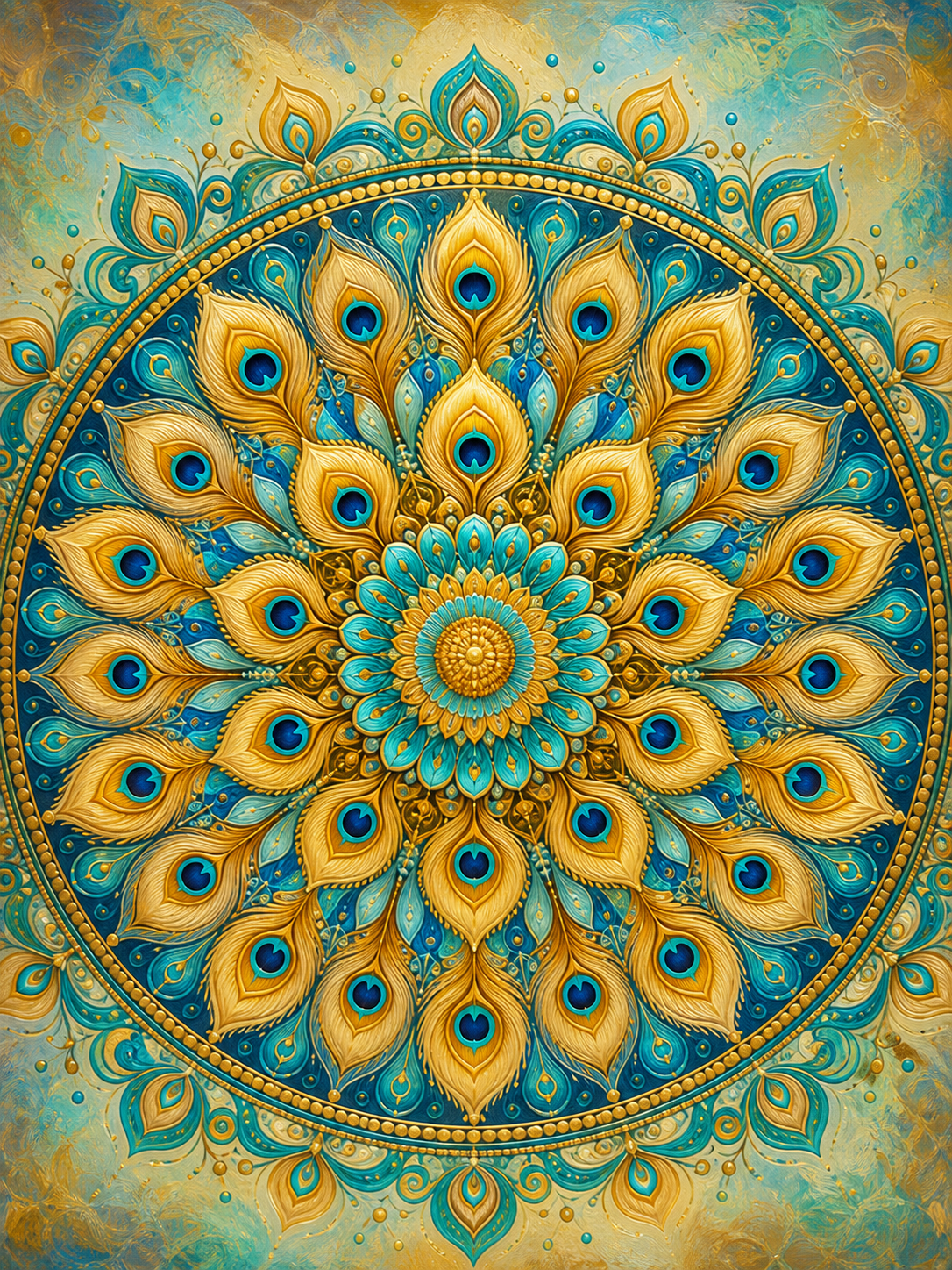 Diamond Painting Gouden Pauwenveer Mandala – een originele radiale compositie met goudkleurige pauwenveerachtige vormen