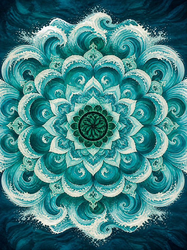 Diamond Painting Turquoise Golfmandala – een radiale compositie van turquoise oceaangolven