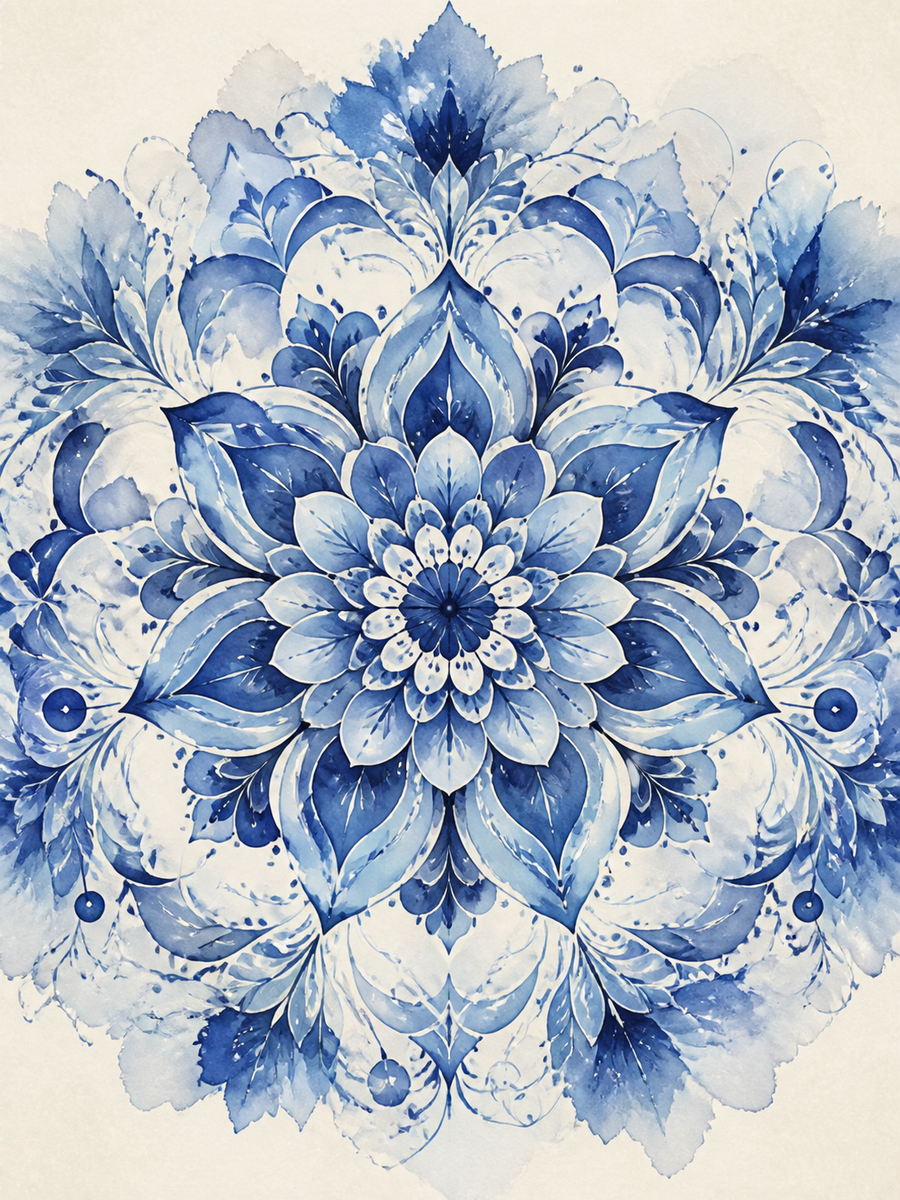 Diamond Painting Indigo Aquarelmandala – een vloeiende indigo aquarelrozet op licht papierachtig ivoor