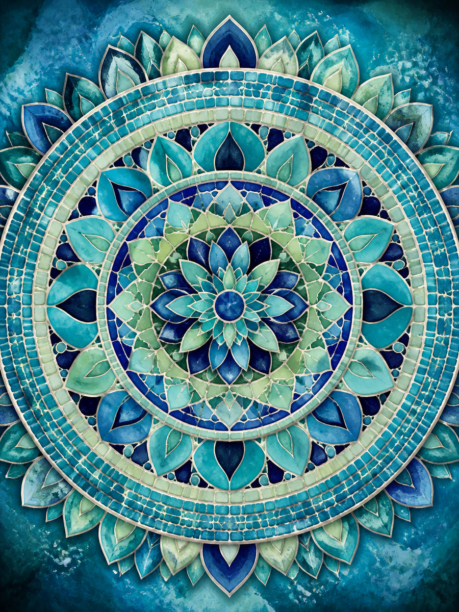 Diamond Painting Blauwgroene Mozaïekmandala – een blauwgroene mozaïekrozet met kleine geschilderde tegelvlakken
