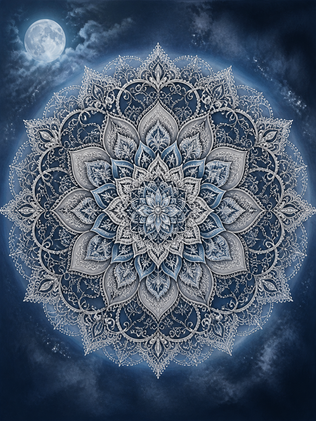 Diamond Painting Maanblauwe Kantmandala – een zilverblauwe kantmandala op een donkere maanverlichte achtergrond