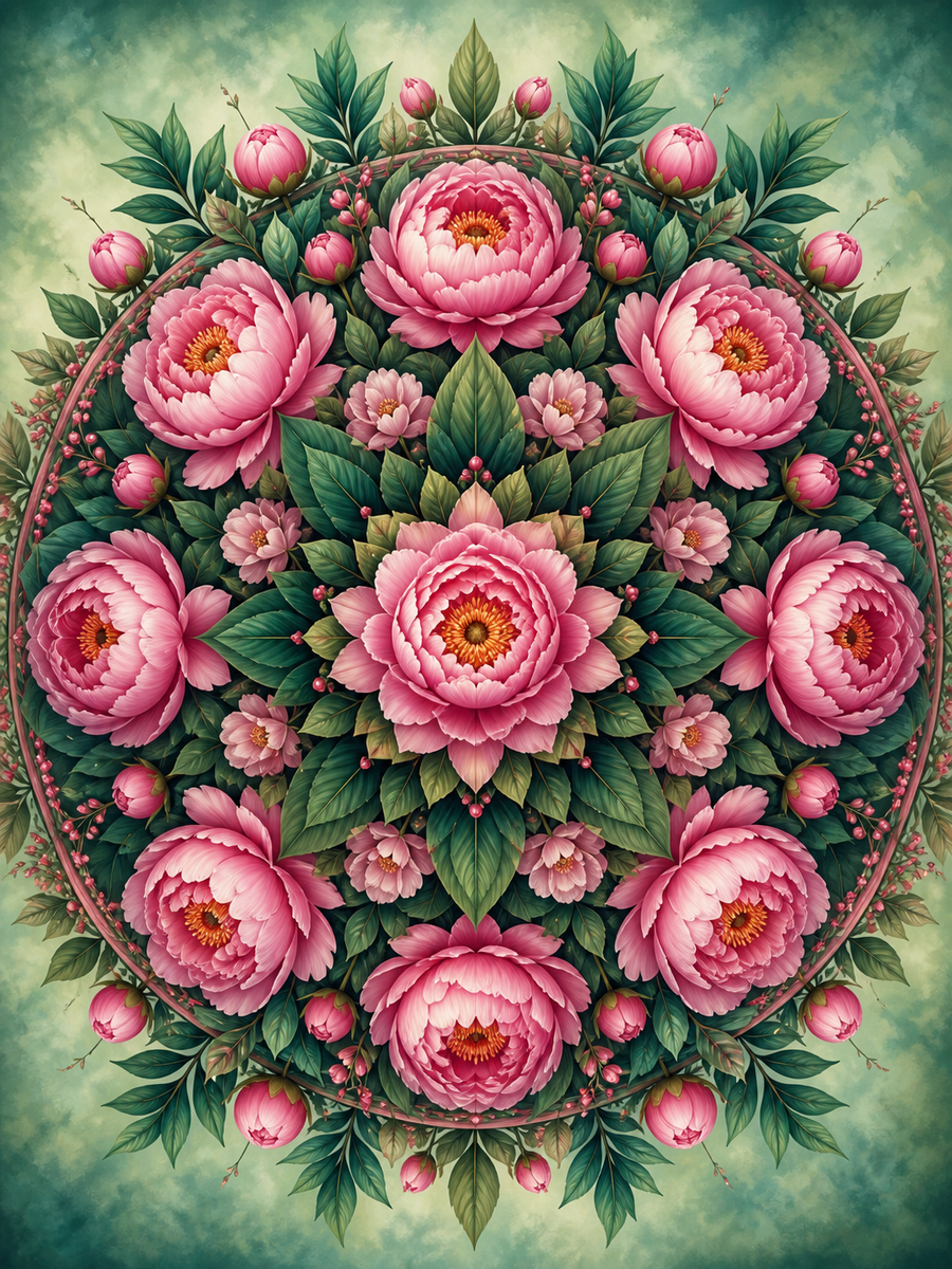 Diamond Painting Pioenrozen Mandala – een volle botanische mandala van roze pioenrozen