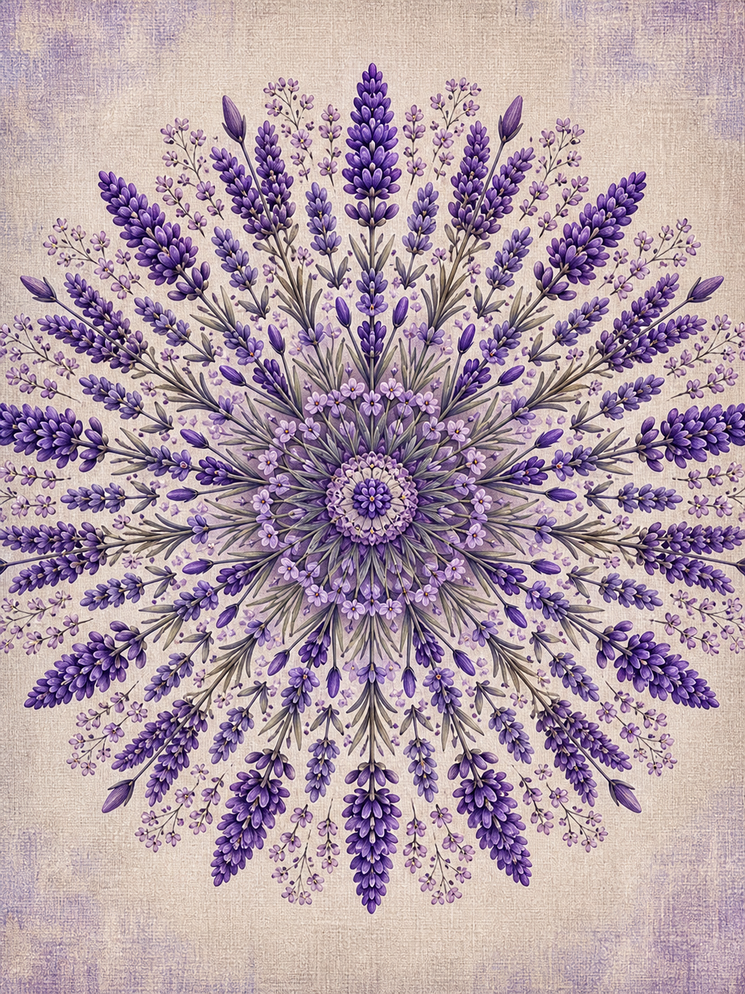 Diamond Painting Lavendel Mandala – een paarse mandala van radiaal gerangschikte lavendeltakken