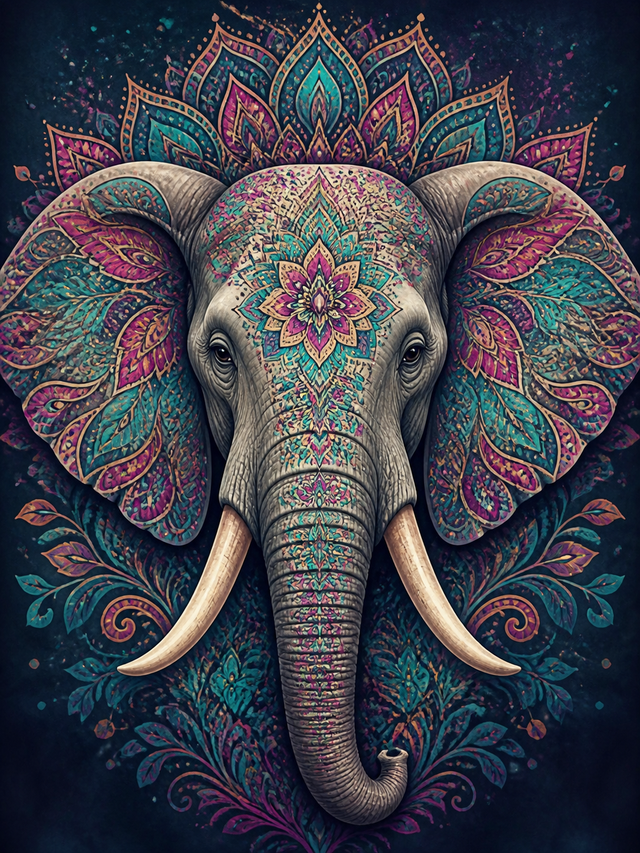 Diamond Painting Olifant met Mandalapatroon – een frontaal olifantenportret met een origineel kleurrijk mandalapatroon