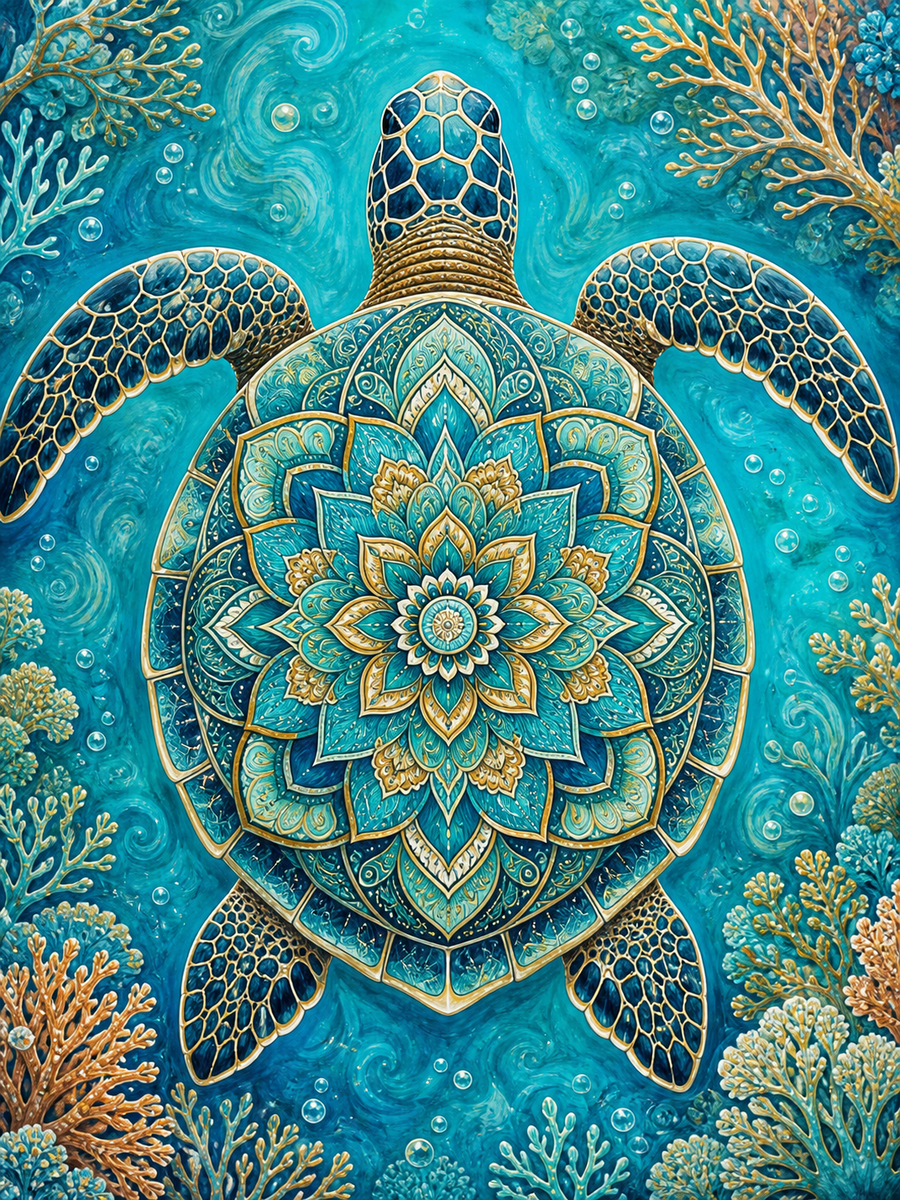 Diamond Painting Zeeschildpad Mandala – een zeeschildpad met een sierlijk mandalapatroon op het schild
