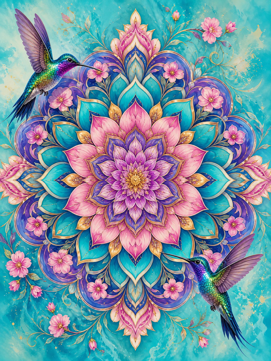 Diamond Painting Kolibries met Bloemenmandala – twee kolibries rond een heldere bloemenmandala