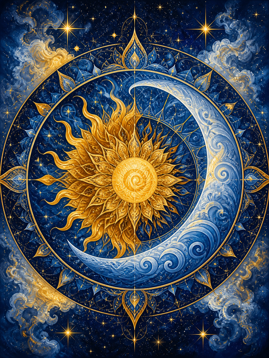 Diamond Painting Zon en Maan Mandala – een originele radiale compositie waarin zonlicht en maanlicht samenkomen