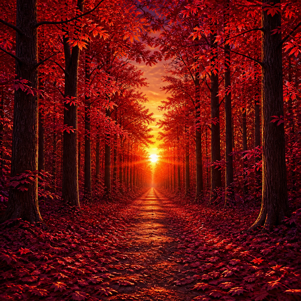 Diamond Painting Rood Bospad bij Zonsondergang – volledig natuurontwerp
