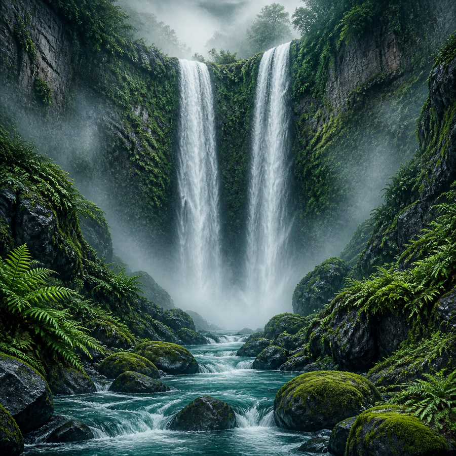 Diamond Painting Dubbele Waterval in de Mist – volledig natuurontwerp