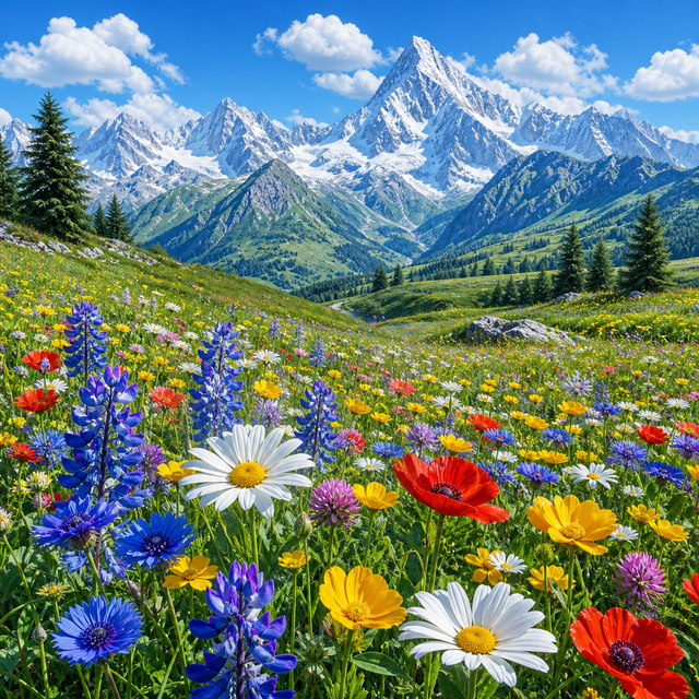 Diamond Painting Bloemenweide met Bergtoppen – volledig natuurontwerp