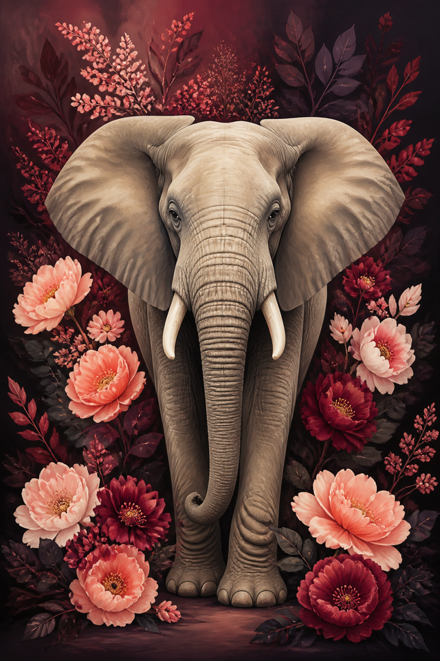 Diamond Painting Olifant met Koraalbloemen – volledig olifantontwerp