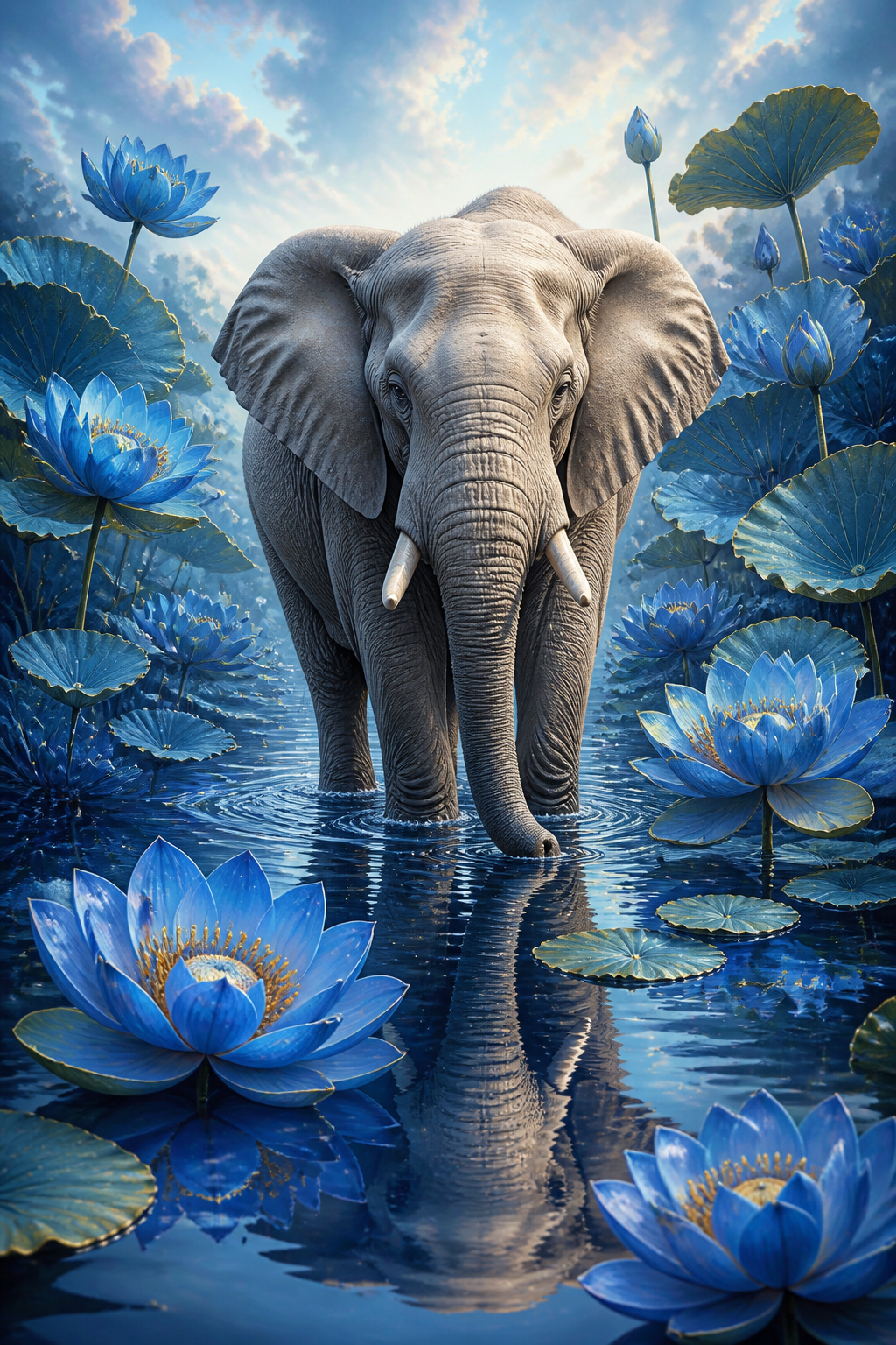 Diamond Painting Olifant met Blauwe Lotusbloemen – volledig olifantontwerp