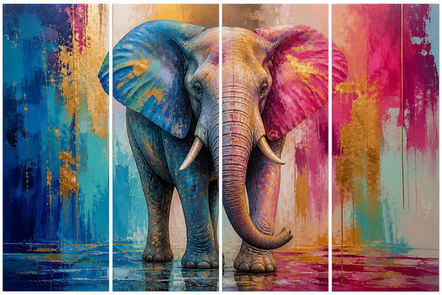 Diamond Painting Kleurrijke Olifant 4-luik – volledig olifantontwerp in 4 panelen