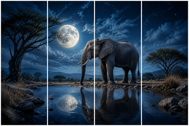 Diamond Painting Olifant bij Maanlicht 4-luik – volledig olifantontwerp in 4 panelen