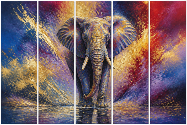 Diamond Painting Olifant Kleurenexplosie 5-luik – volledig olifantontwerp in 5 panelen