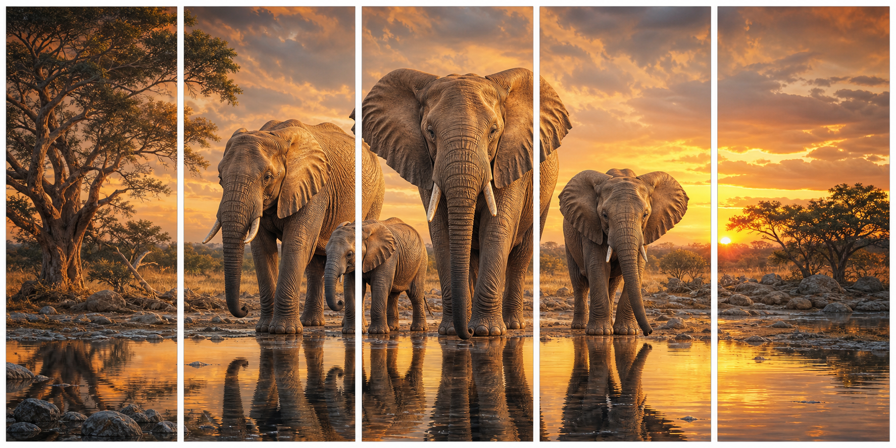 Diamond Painting Olifantenfamilie aan het Water 5-luik – volledig olifantontwerp in 5 panelen
