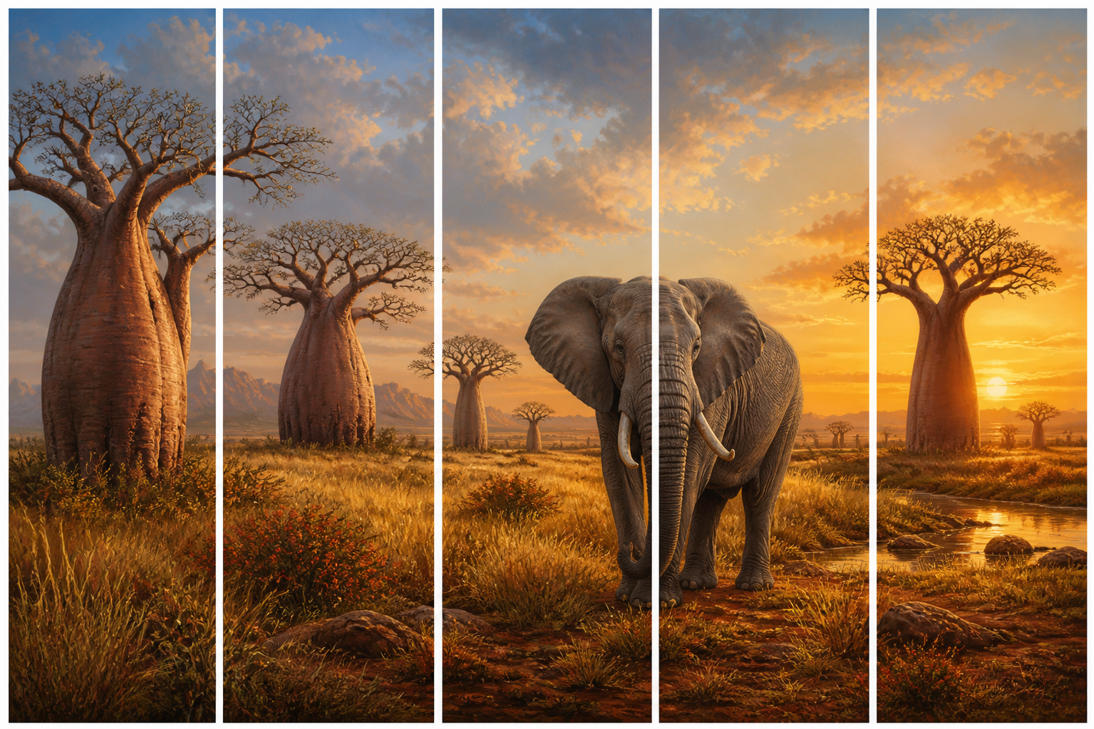Diamond Painting Olifant en Baobabs 5-luik – volledig olifantontwerp in 5 panelen