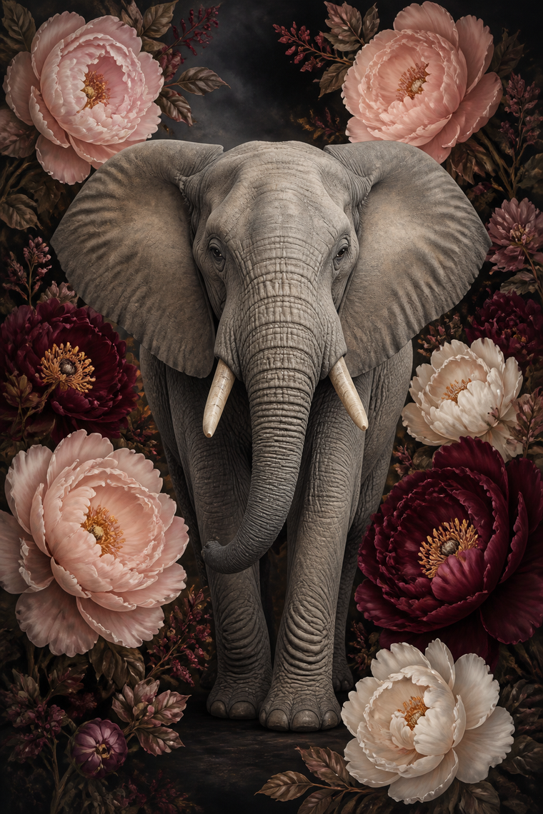 Diamond Painting Olifant met Pioenrozen – volledig olifantontwerp