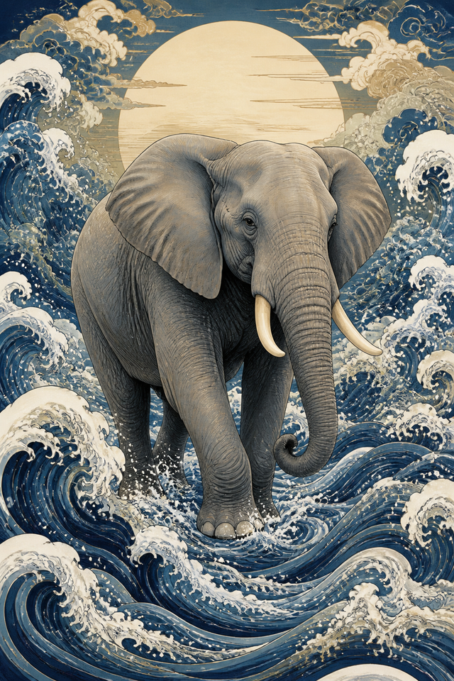 Diamond Painting Olifant met Japanse Golven – volledig olifantontwerp