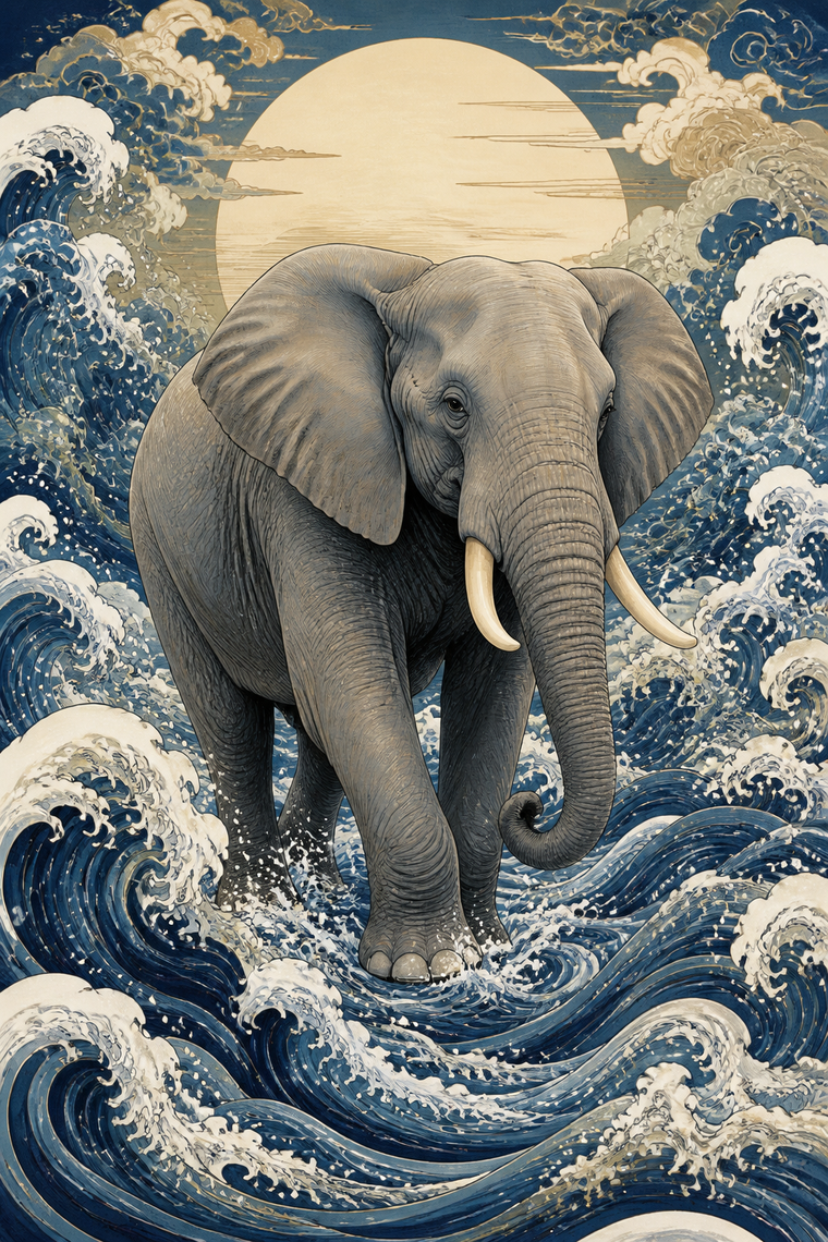Diamond Painting Olifant met Japanse Golven – volledig olifantontwerp