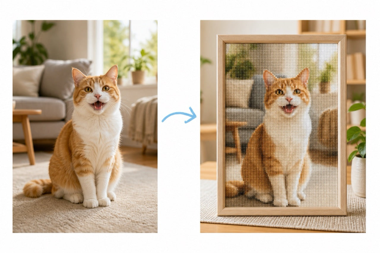 Een kattenfoto naast dezelfde foto als ingelijste diamond painting