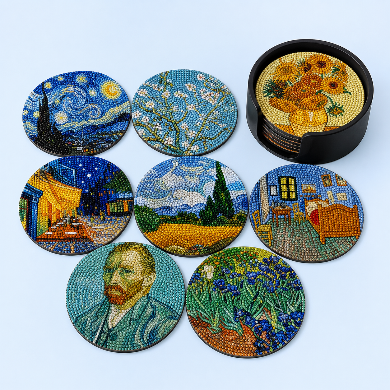 Acht diamond painting onderzetters met Van Gogh-motieven en zwarte houder
