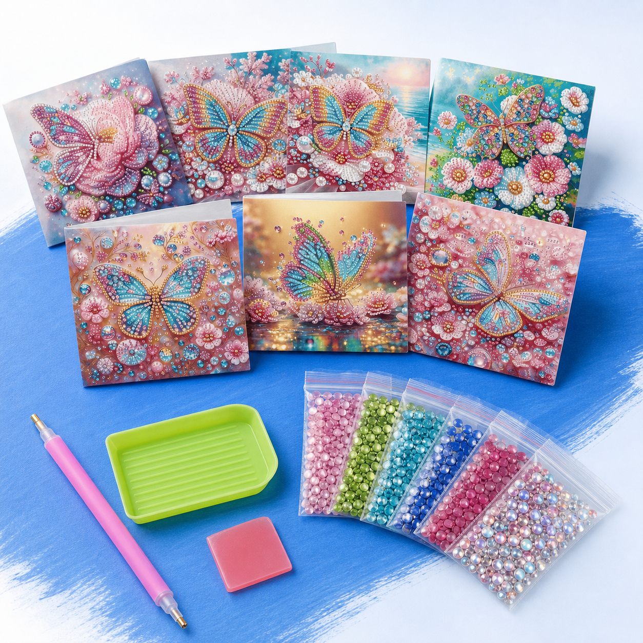 Inhoud van de diamond painting kaarten vlinders set met gereedschap