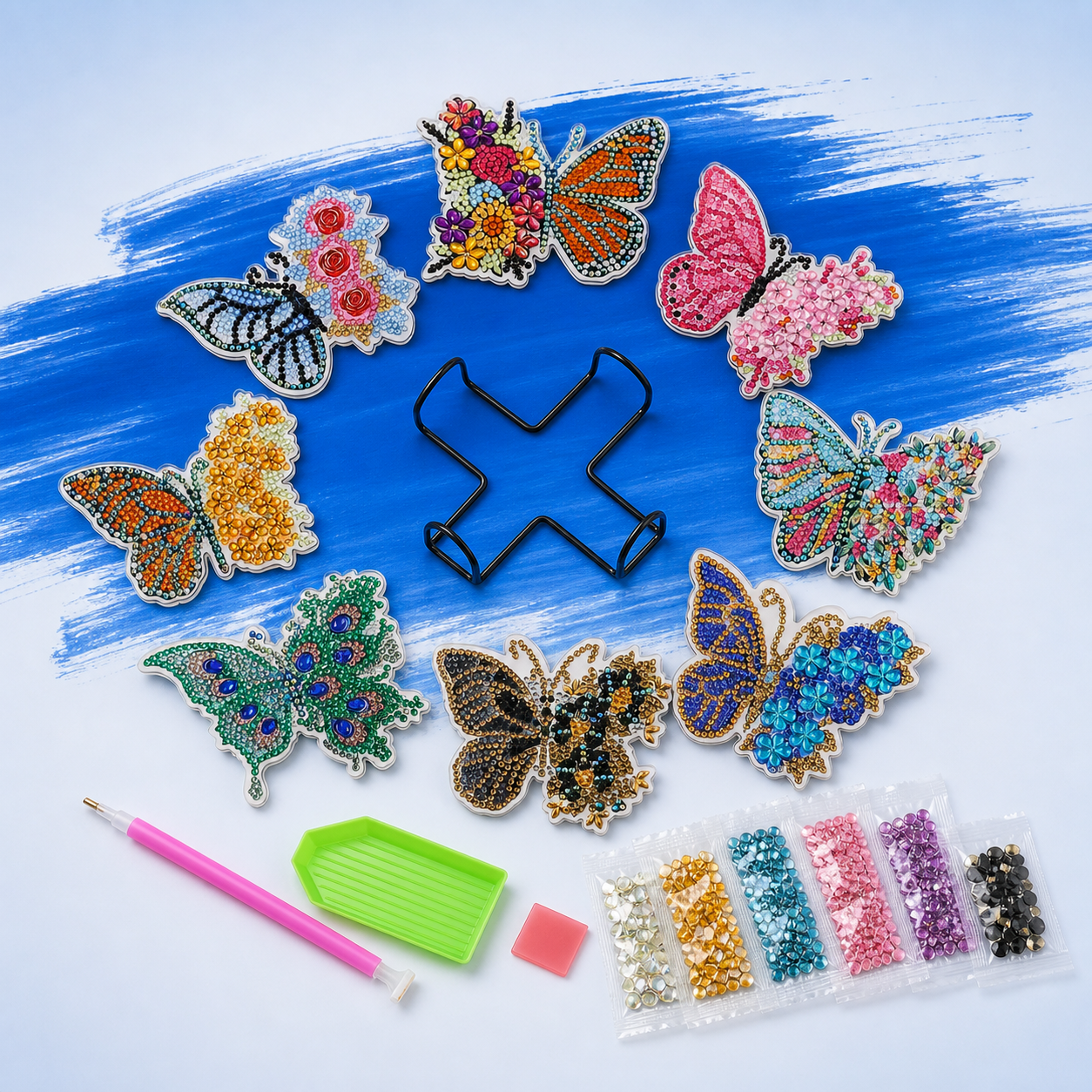 Inhoud van de set diamond painting onderzetters vlinders met houder en gereedschap