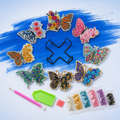 Inhoud van de set diamond painting onderzetters vlinders met houder en gereedschap
