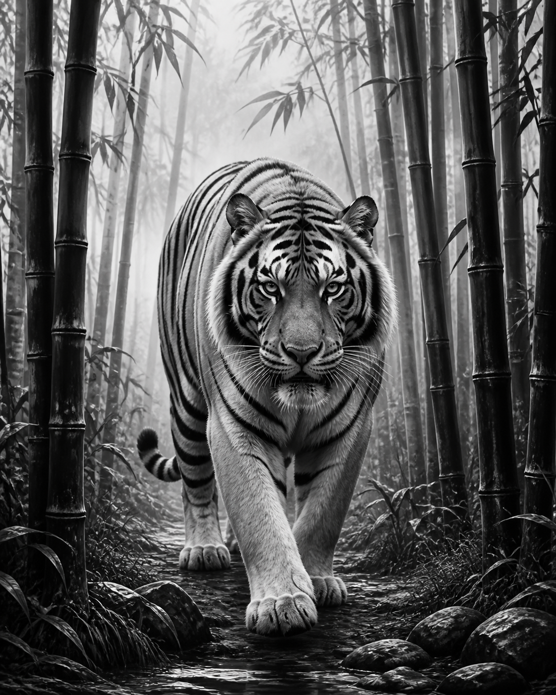 Diamond Painting Tijger tussen Mistig Bamboe – volledig zwart-witontwerp
