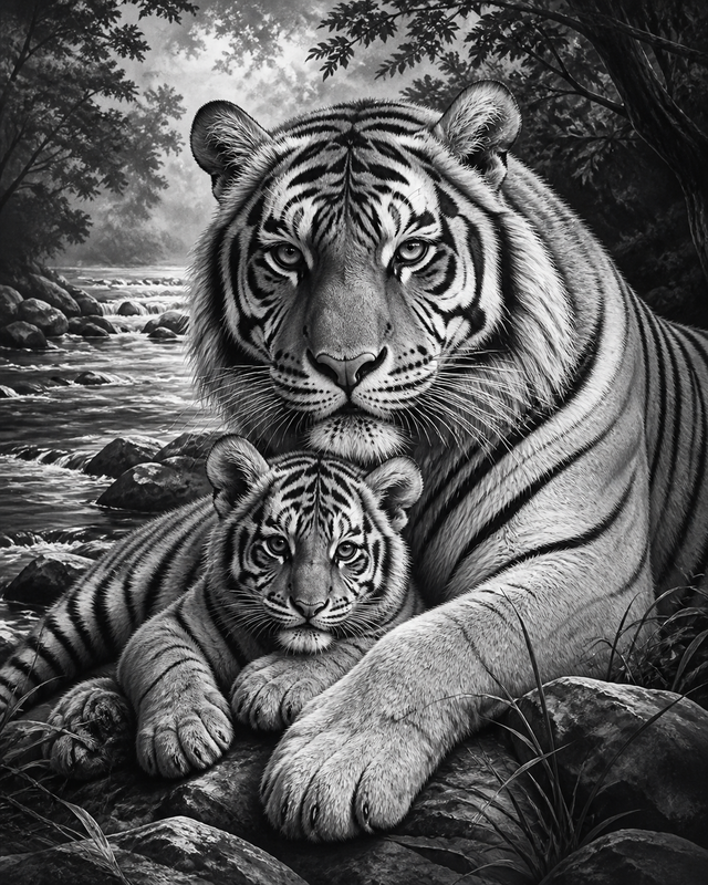 Diamond Painting Tijger met Welp Zwart Wit – volledig zwart-witontwerp