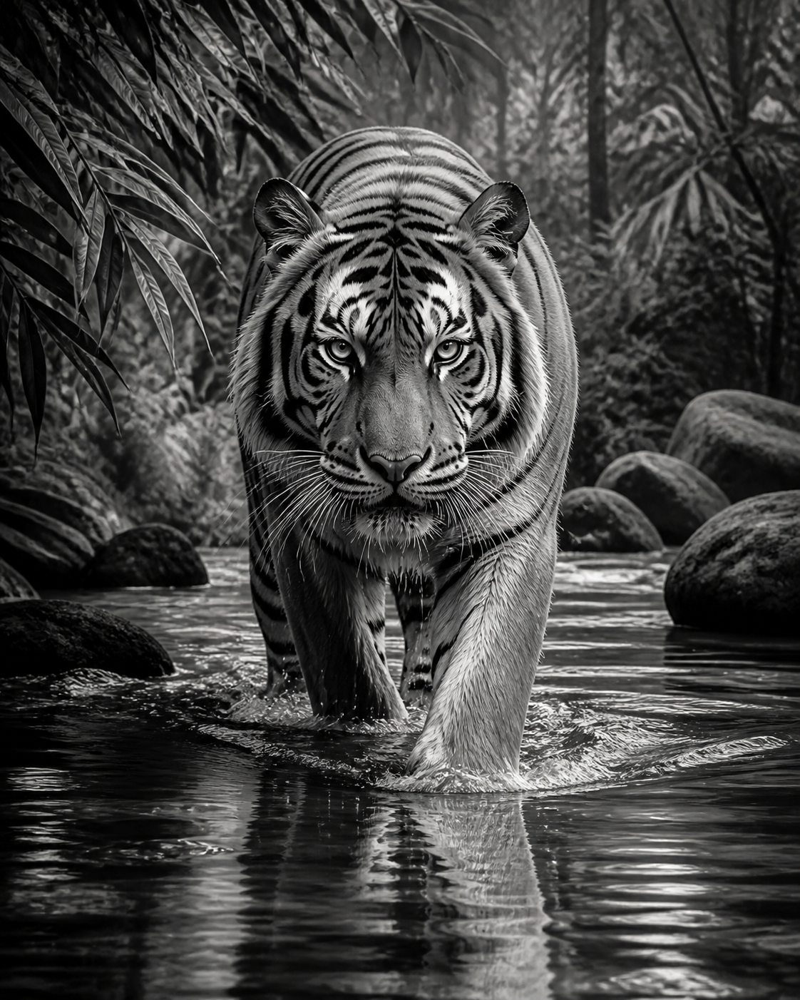 Diamond Painting Tijger door het Water Zwart Wit – volledig zwart-witontwerp