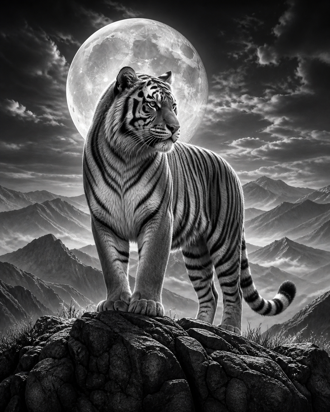 Diamond Painting Tijger onder de Maan – volledig zwart-witontwerp