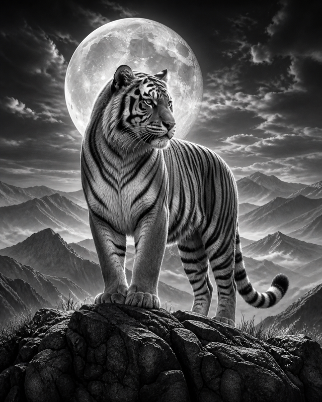 Diamond Painting Tijger onder de Maan – volledig zwart-witontwerp