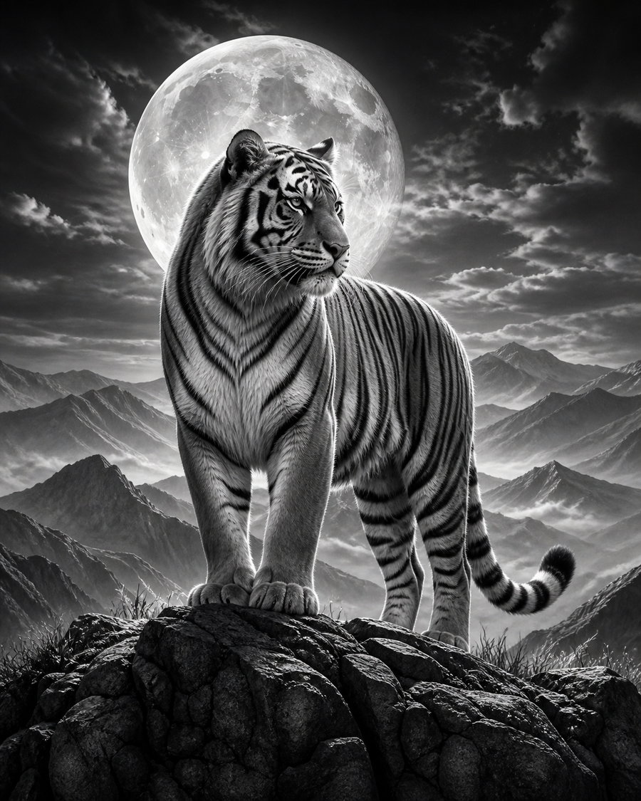 Diamond Painting Tijger onder de Maan – volledig zwart-witontwerp