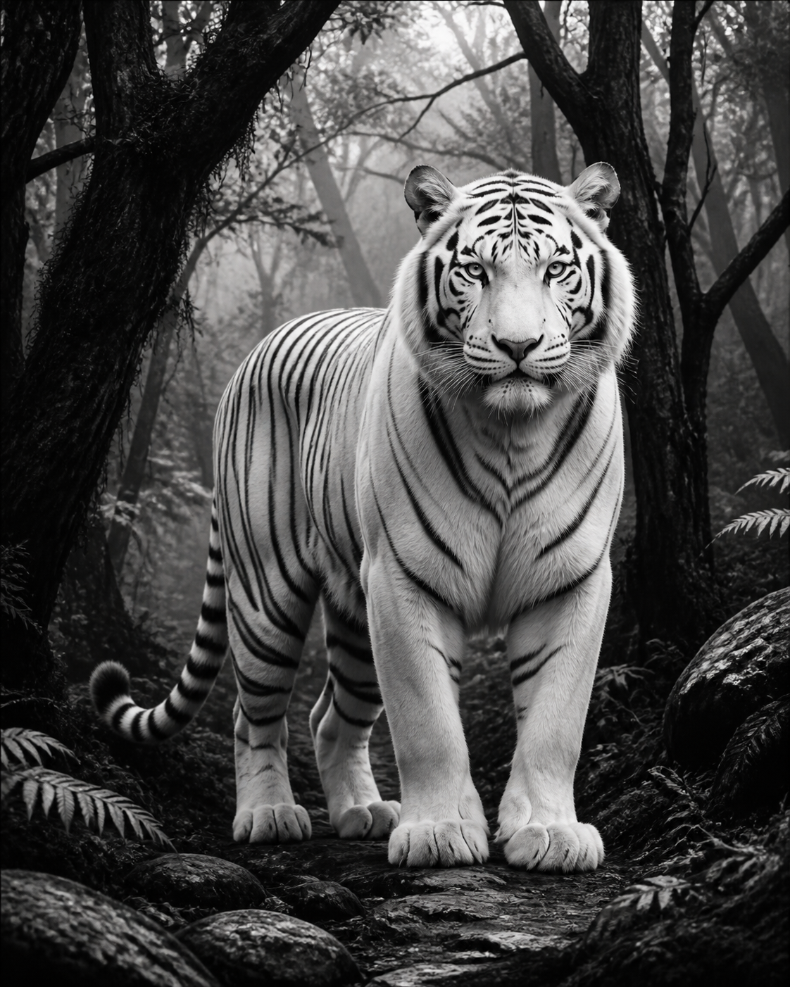 Diamond Painting Witte Tijger in het Bos – volledig zwart-witontwerp