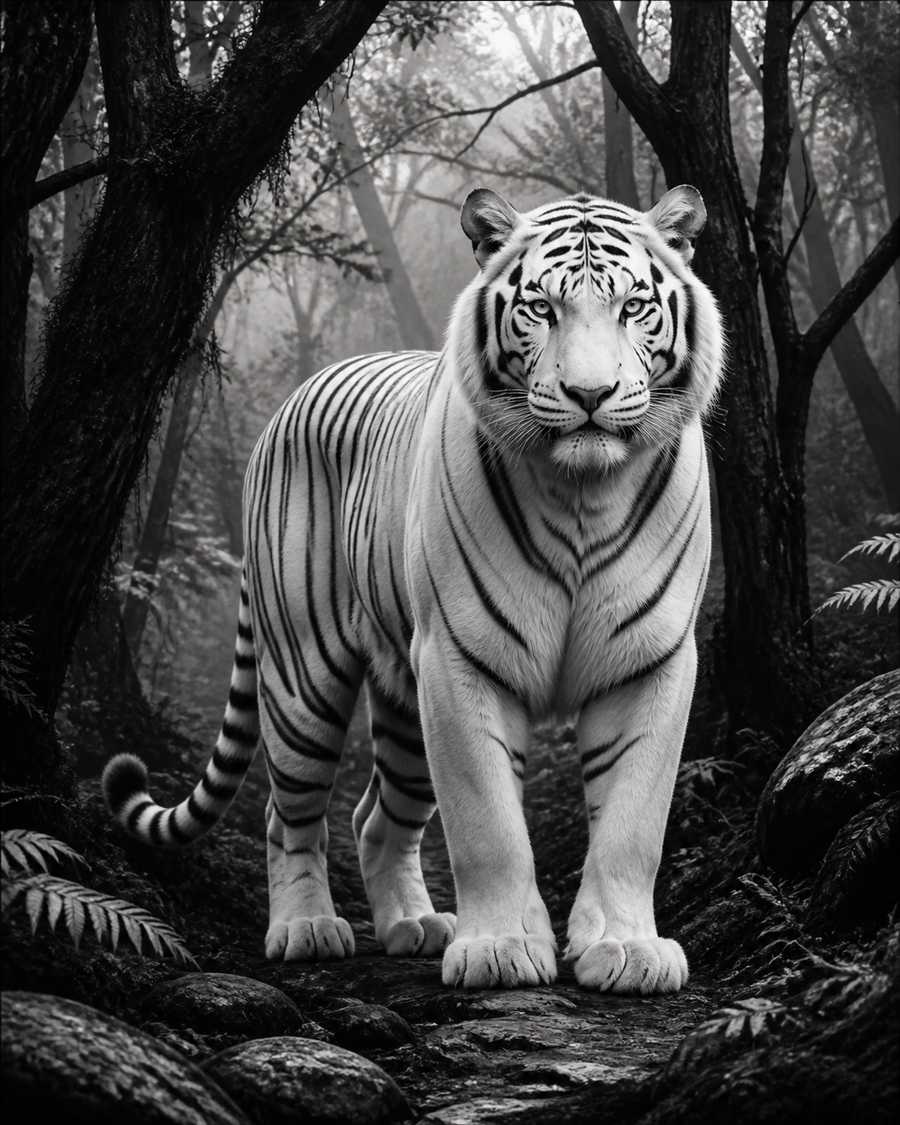 Diamond Painting Witte Tijger in het Bos – volledig zwart-witontwerp