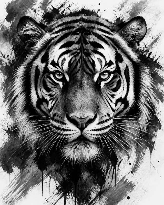 Diamond Painting Tijger met Inktspatten – volledig zwart-witontwerp