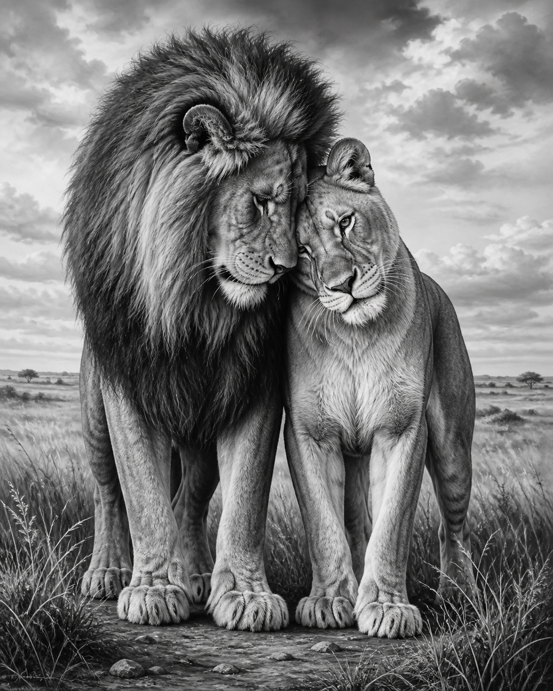 Diamond Painting Twee Leeuwen Zwart Wit – volledig zwart-witontwerp