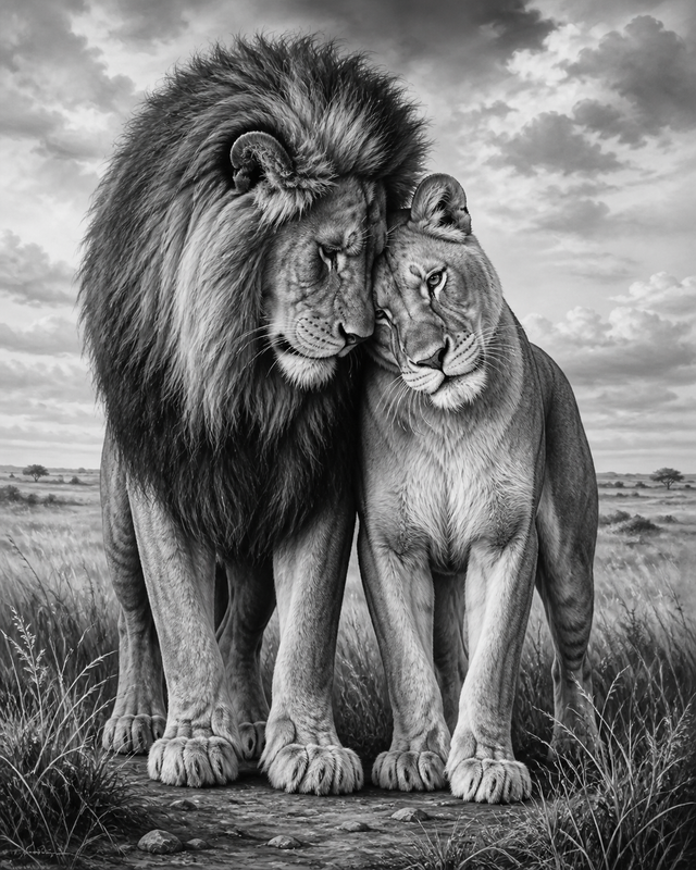 Diamond Painting Twee Leeuwen Zwart Wit – volledig zwart-witontwerp